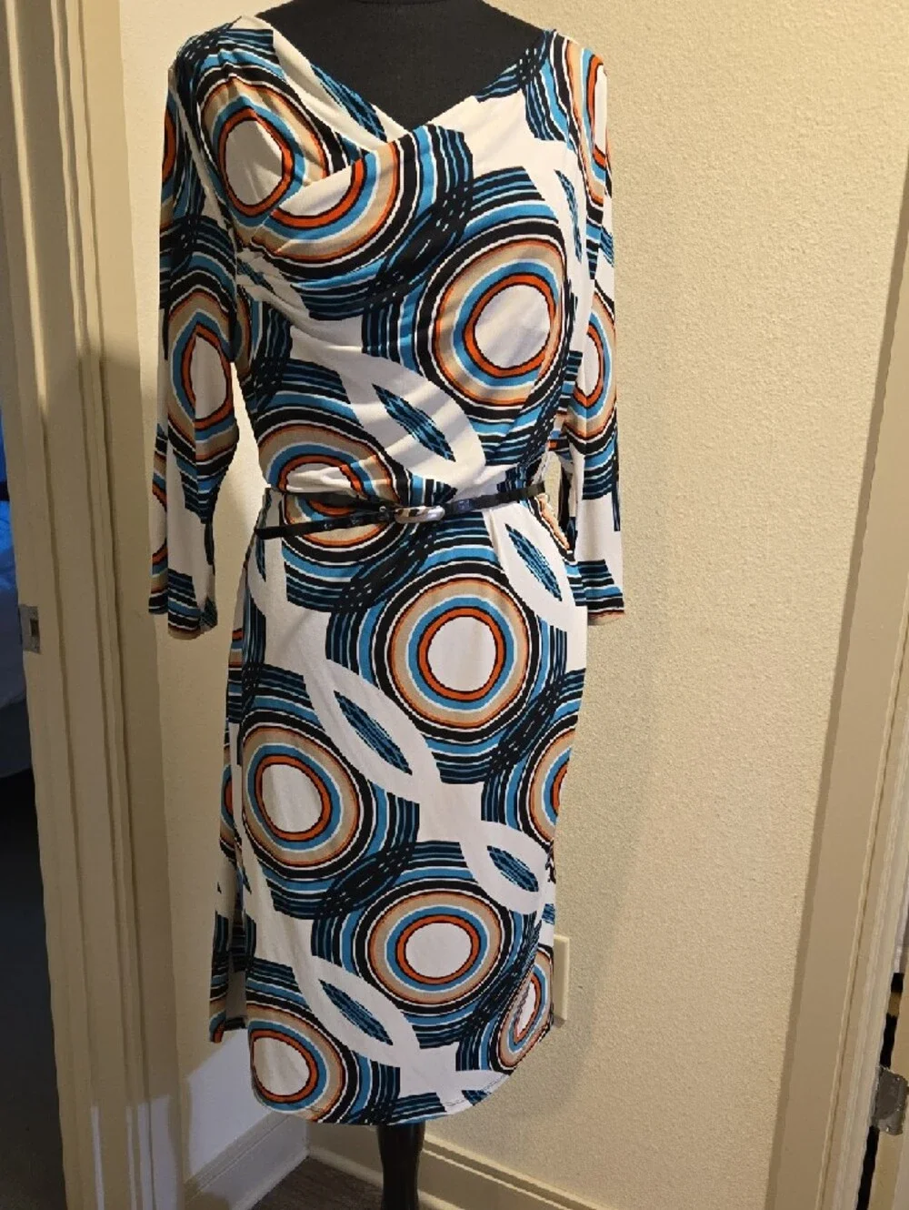 Liz Claiborne White Dress with Blue & Orange Circular Print - Picture 4 of 7